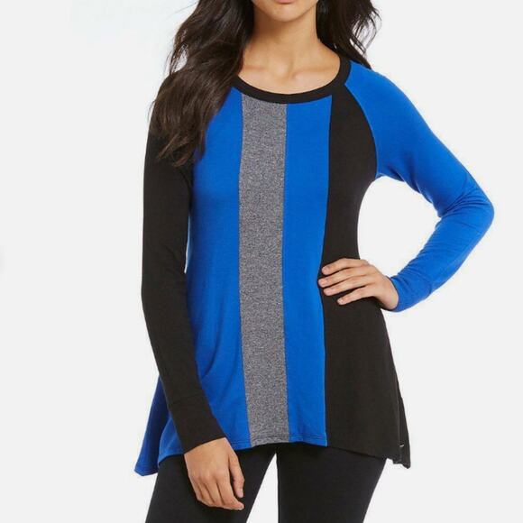 Calvin Klein Size S Sharkbite Hem Tunic Top Blue Grey Stretch Sporty Casual Chic - Picture 1 of 12